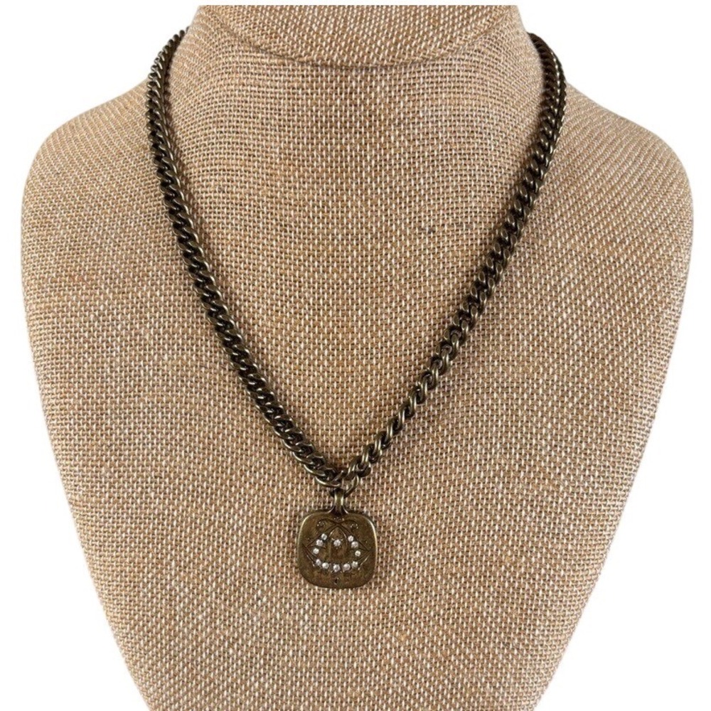 Antique Brass Curb Chain Celestial Medallion Necklace Rhinestone Moon Star Heart